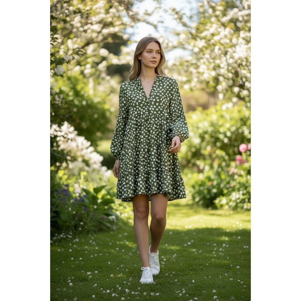 easel Olive Green Mini Dress with White Floral Print